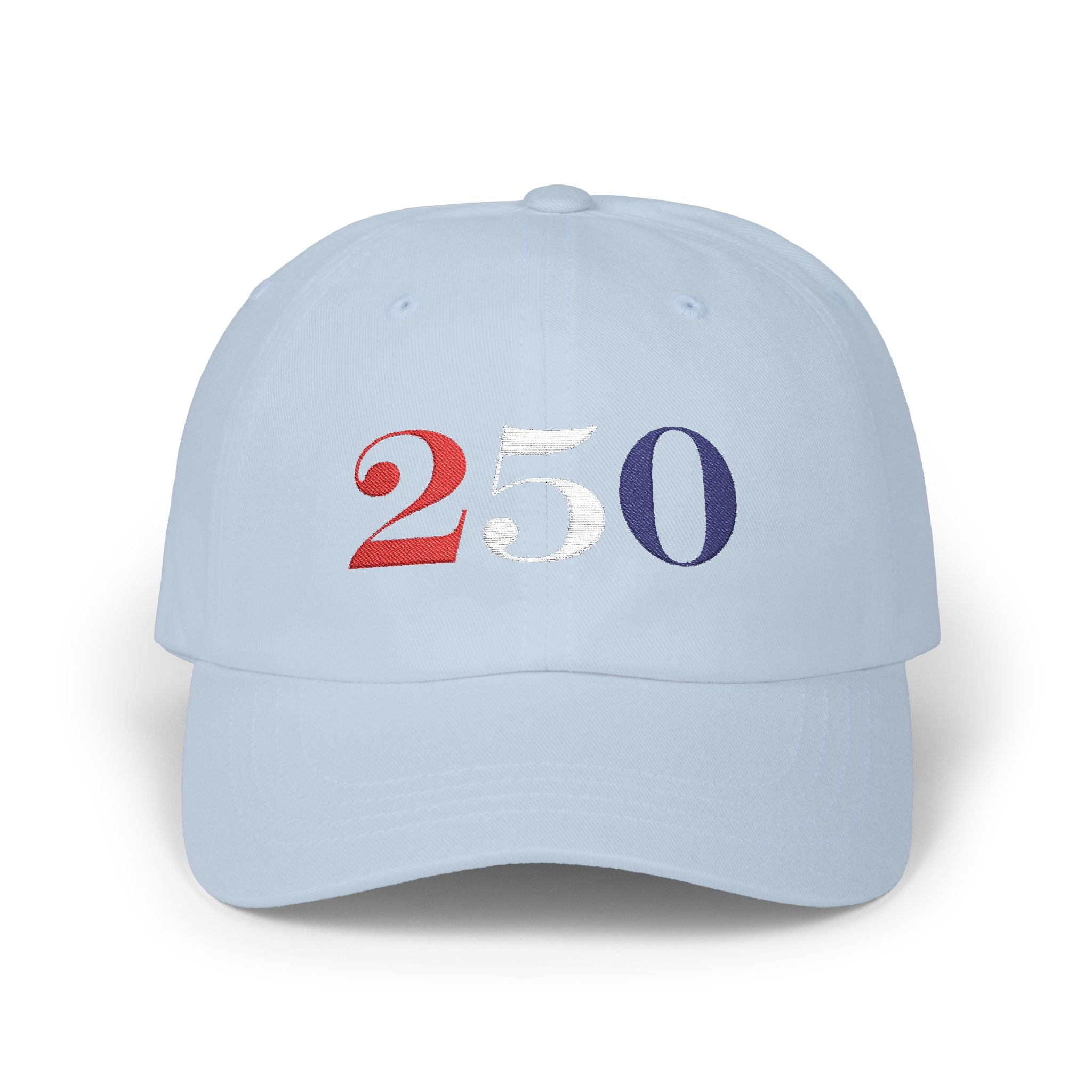 Light blue cap with '250' embroidered with red, white, & blue thread