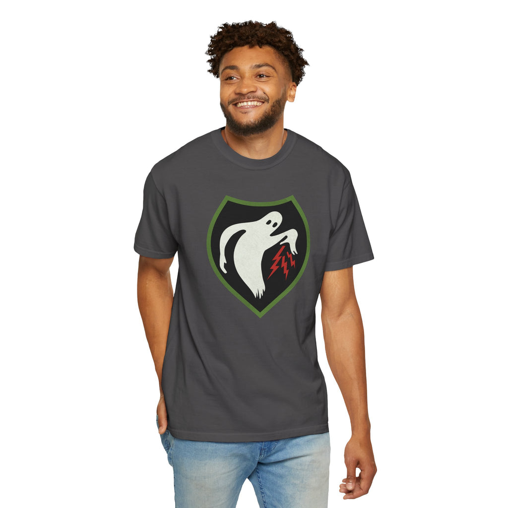 Smiling man wearing Ghost Army patriotic t-shirt in graphite