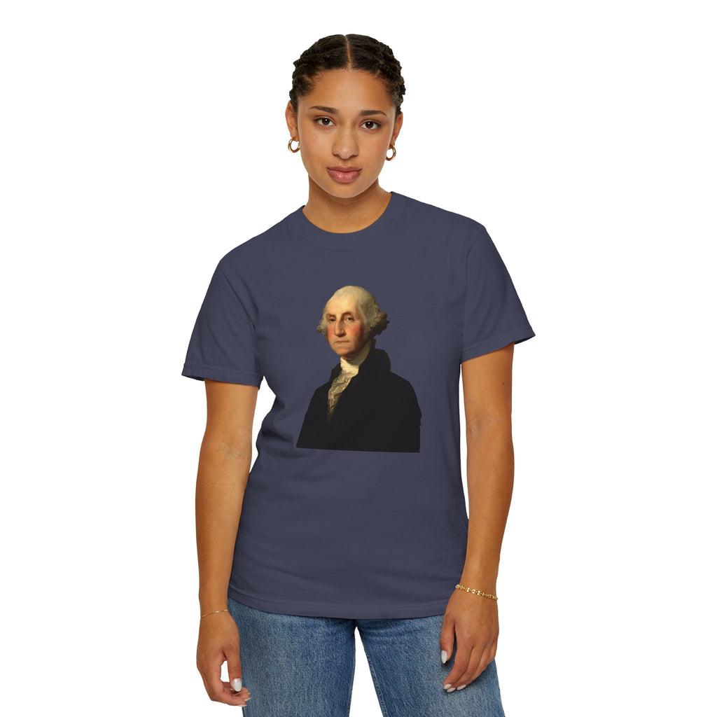 Woman wearing George Washington t-shirt in denim