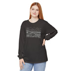 Woman wearing Micah 6:8 Christian long sleeve t-shirt in graphite