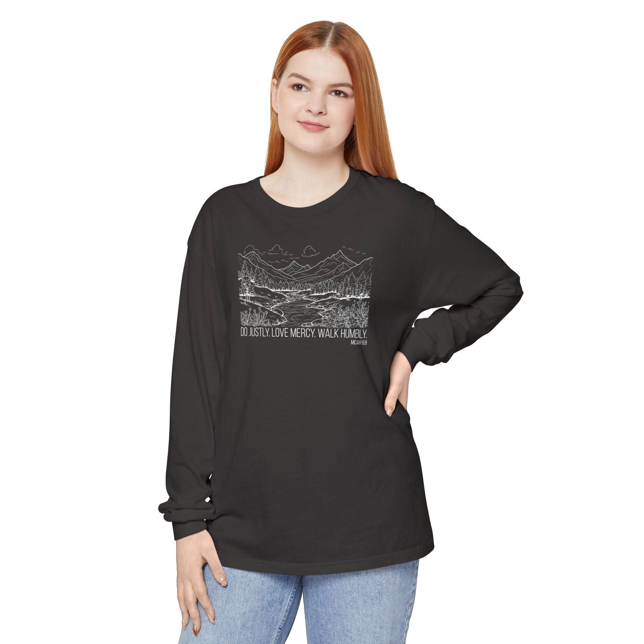Woman wearing Micah 6:8 Christian long sleeve t-shirt in graphite