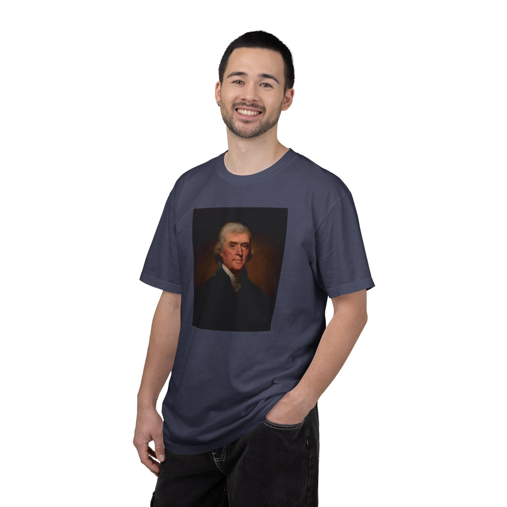 Man wearing Thomas Jefferson portrait t-shirt, denim