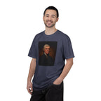 Man wearing Thomas Jefferson portrait t-shirt, denim