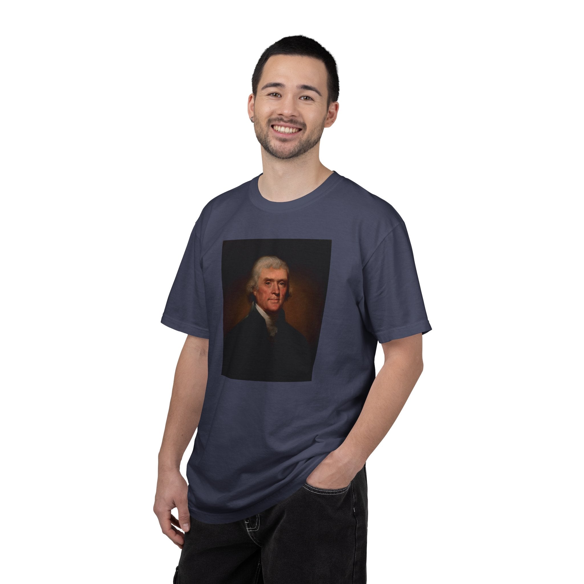 Man wearing Thomas Jefferson portrait t-shirt, denim