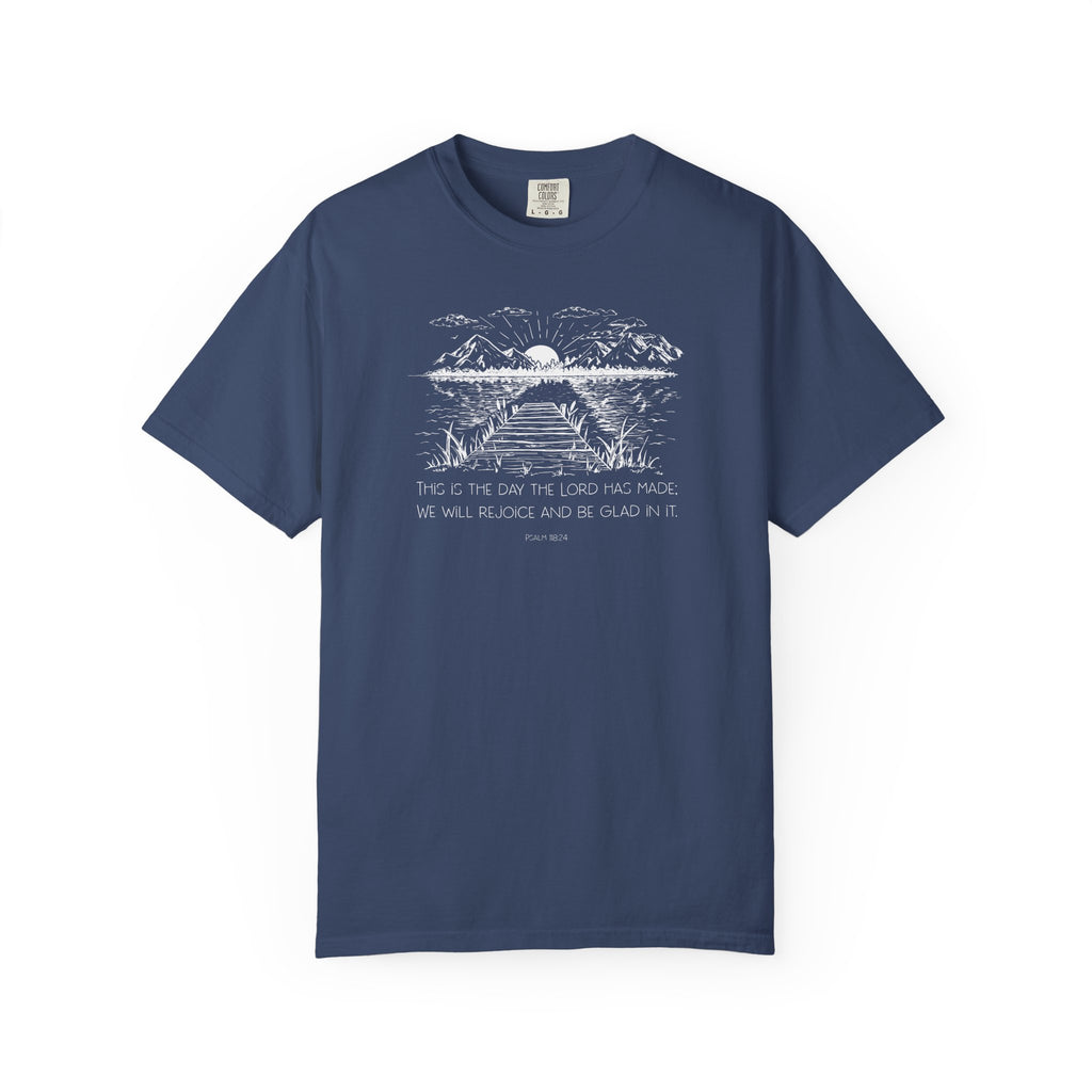 China Blue Comfort Colors t-shirt with outdoor graphic and 'This is the day the Lord has made; We will rejoice and be glad in it' underneath