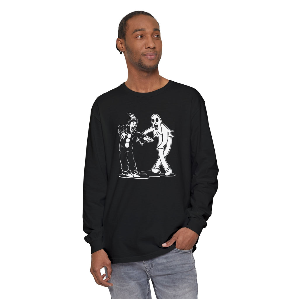 Man wearing Koko the Clown and Dancing Ghost long sleeve t-shirt in black