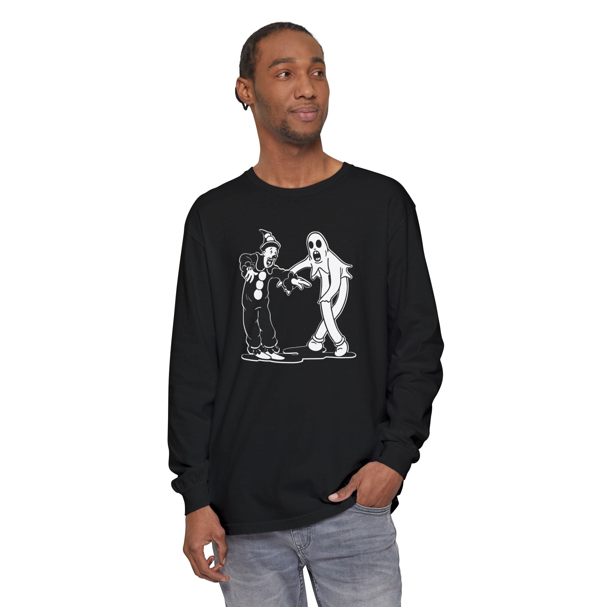 Man wearing Koko the Clown and Dancing Ghost long sleeve t-shirt in black