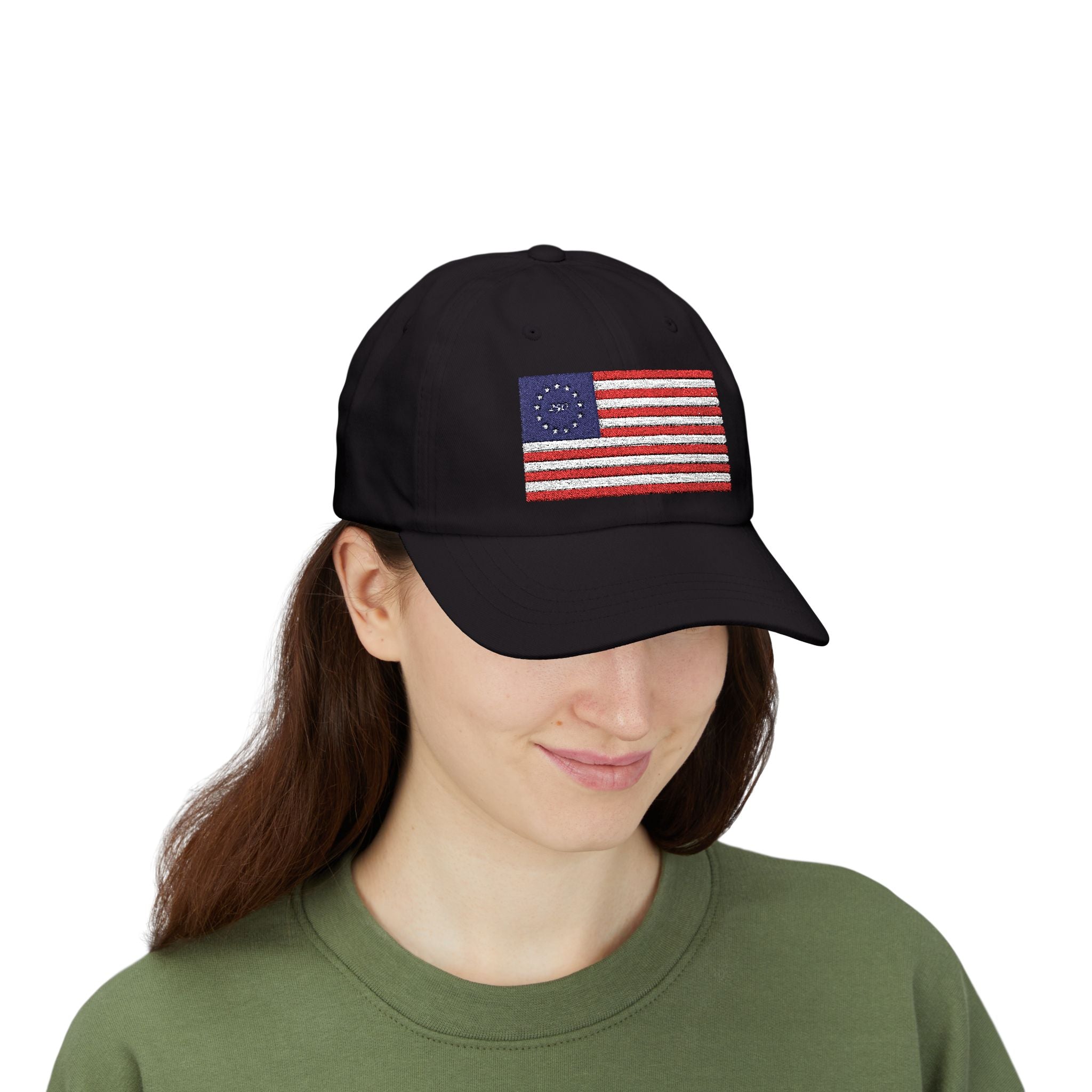 Woman wearing black dad cap embroidered with Betsy Ross Flag
