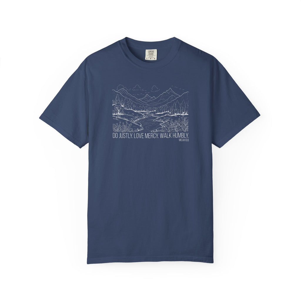 China Blue t-shirt with mountain river design and Bible verse from Micah 6:8 against a white background