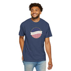 Smiling man wearing a China Blue Comfort Colors t-shirt with an America 250 design with text 'America 250 Welcome to the Golden Age'