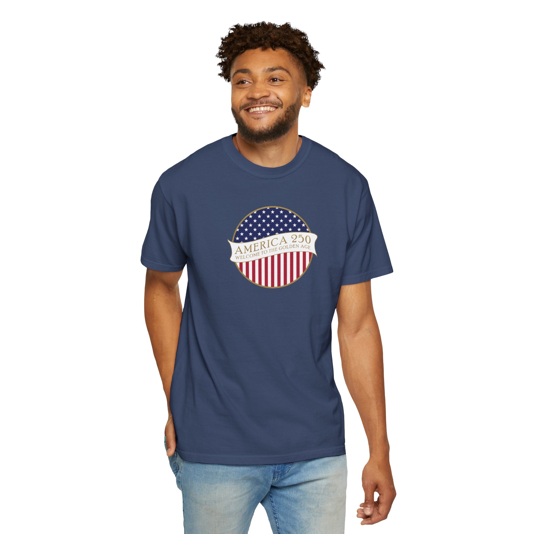 Smiling man wearing a China Blue Comfort Colors t-shirt with an America 250 design with text 'America 250 Welcome to the Golden Age'