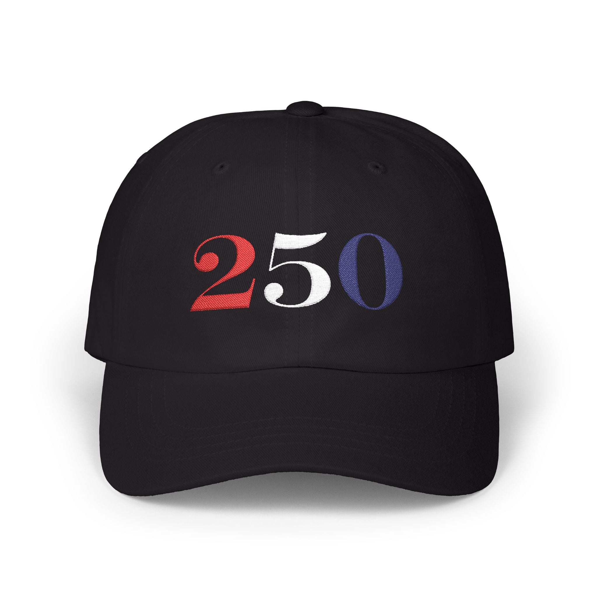 America 250 embroidered dad cap with bold '250' with red white & blue thread in black, patriotic design