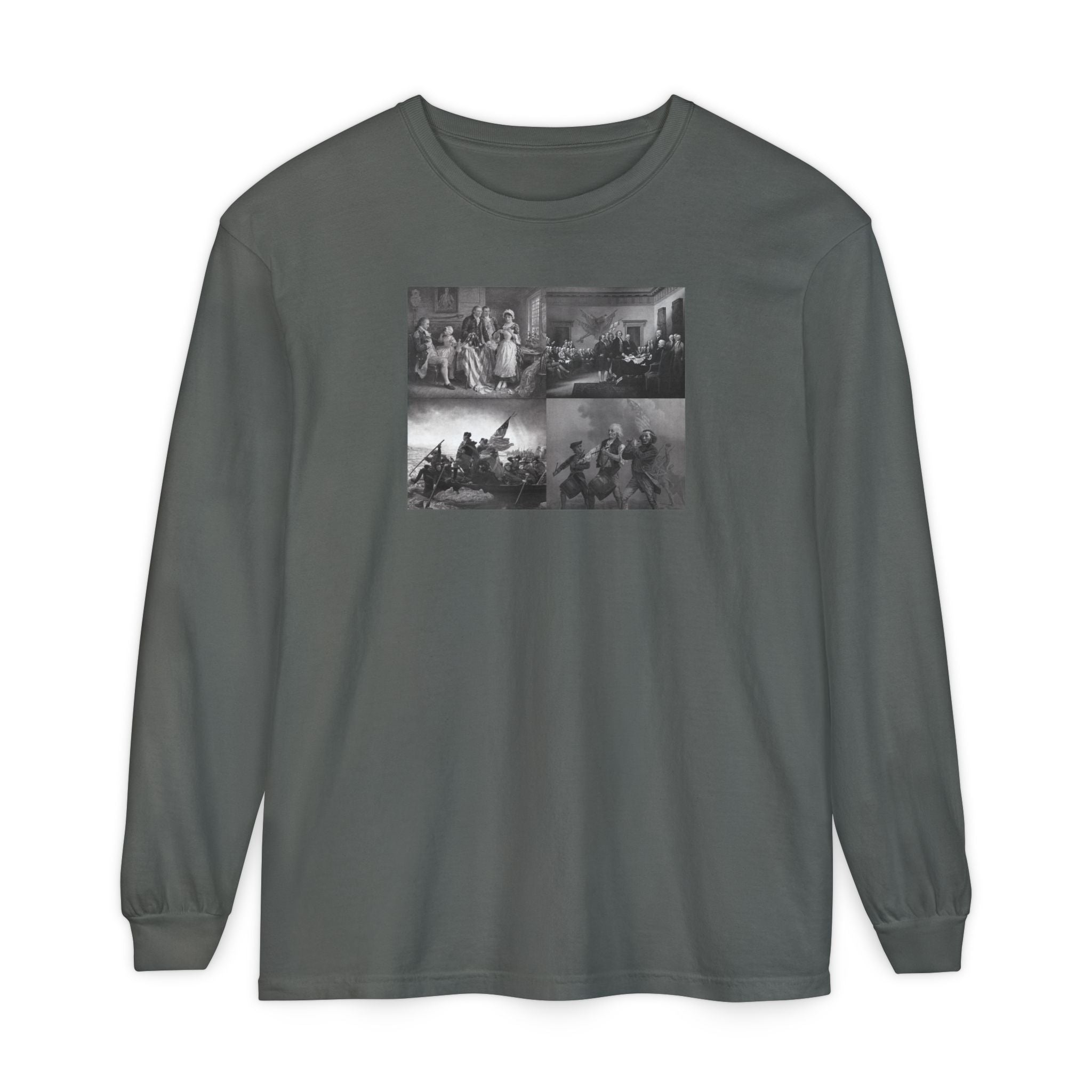 Pepper Comfort Colors t-shirt with a montage of revolutionary war era paintings