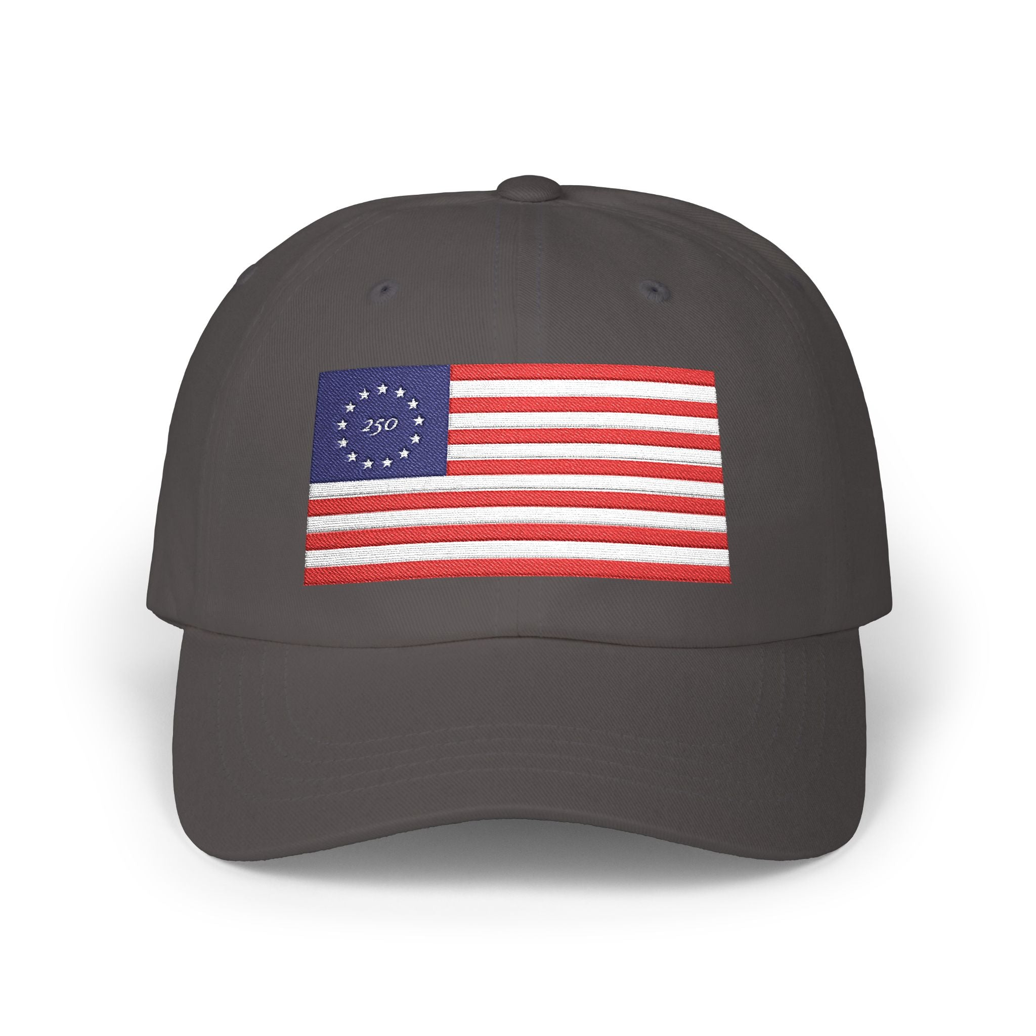 Betsy Ross flag embroidered dad cap with '250' in the stars circle in dark grey, patriotic America 250 design