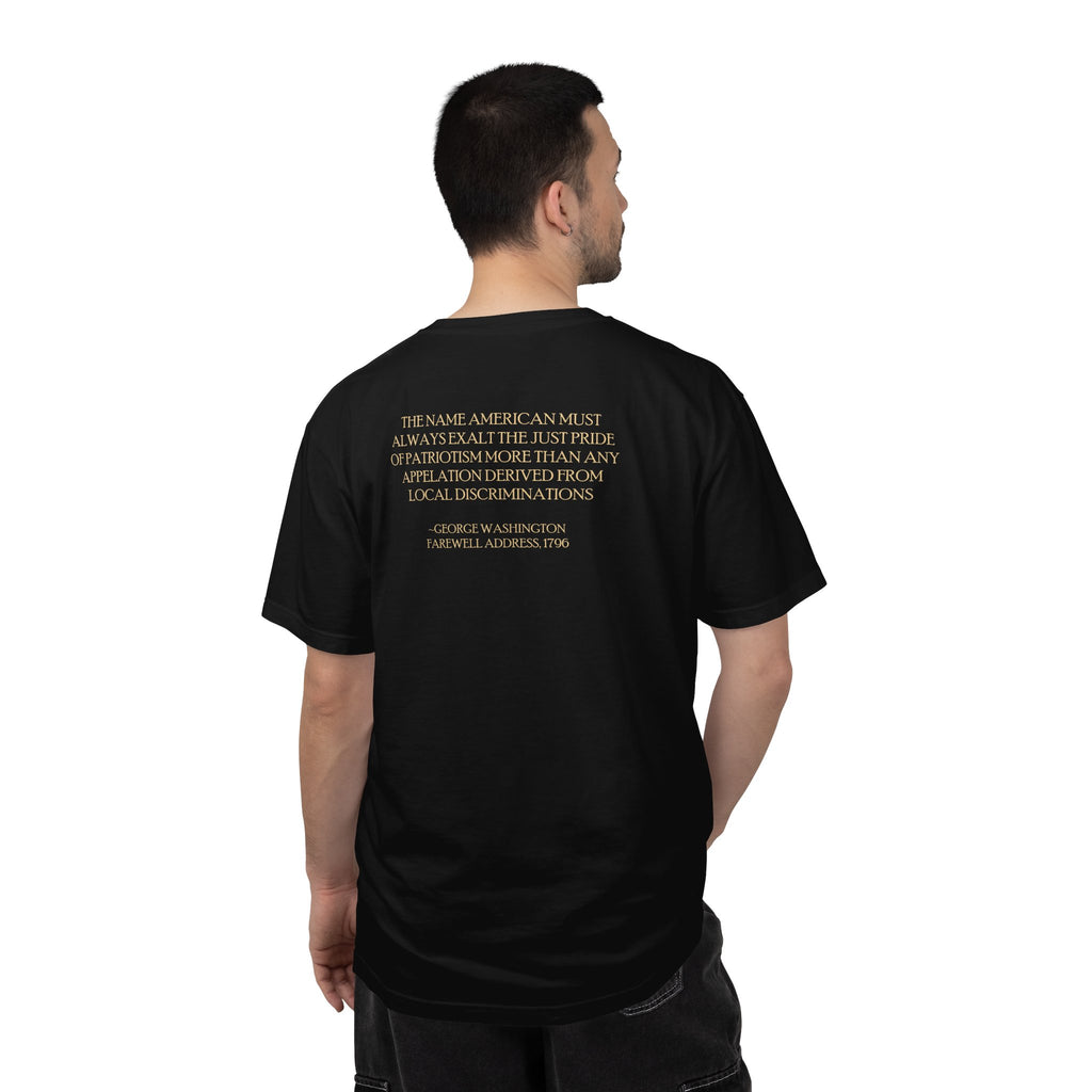 Back view of man wearing George Washington tee with Farewell Address quote spine in black