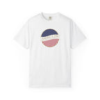 White Comfort Colors t-shirt with an America 250 design with text 'America 250 Welcome to the Golden Age'