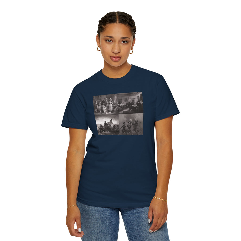 Woman wearing a True Navy Comfort Colors t-shirt printed with a montage of four revolutionary war era paintings