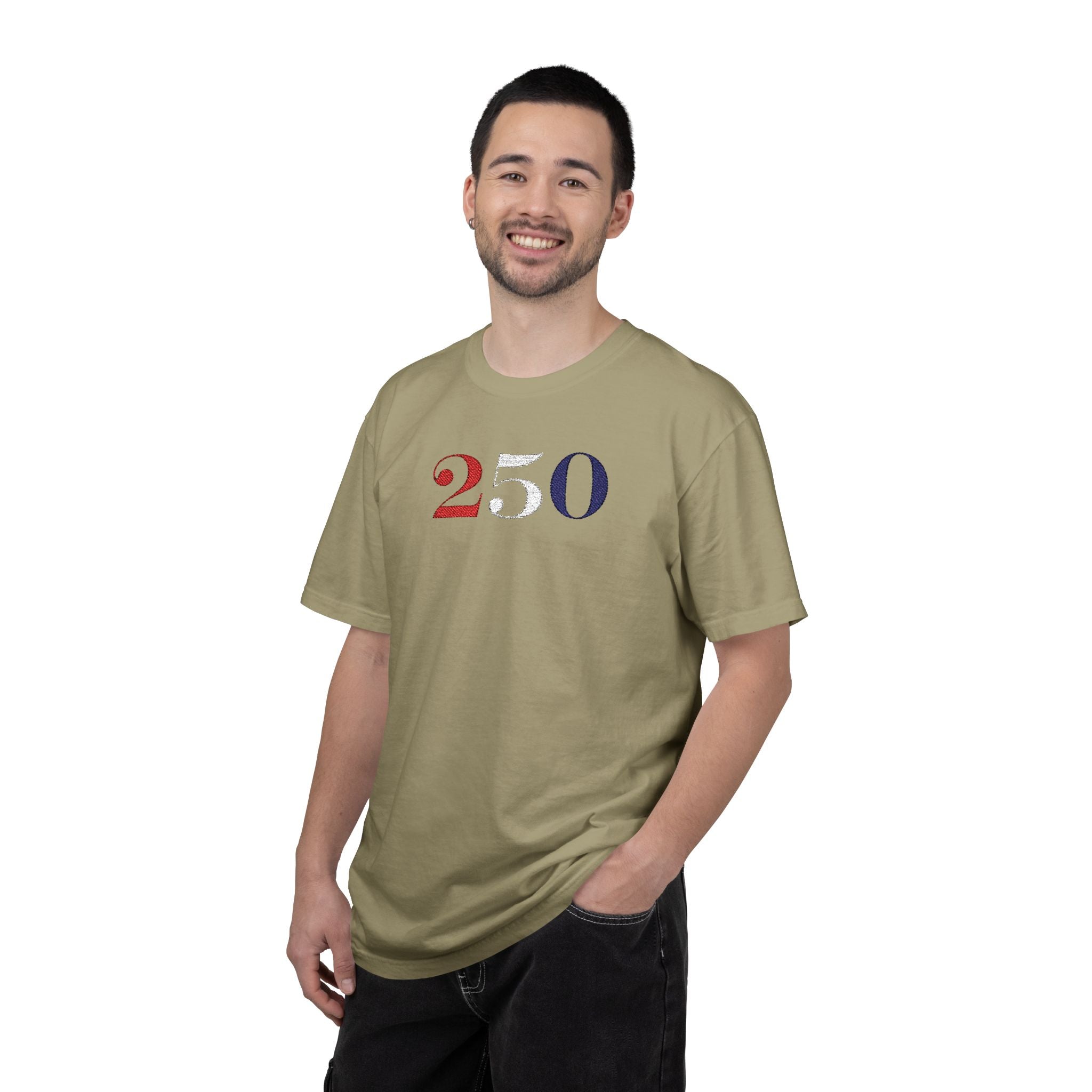 Male model wearing khaki America 250 embroidered t-shirt