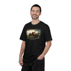 Smiling man wearing a Black Comfort Colors t-shirt with print of Emanuel Leutze’s 'Washington Crossing the Delaware' with 'America's First Christmas December 25, 1776' printed below 