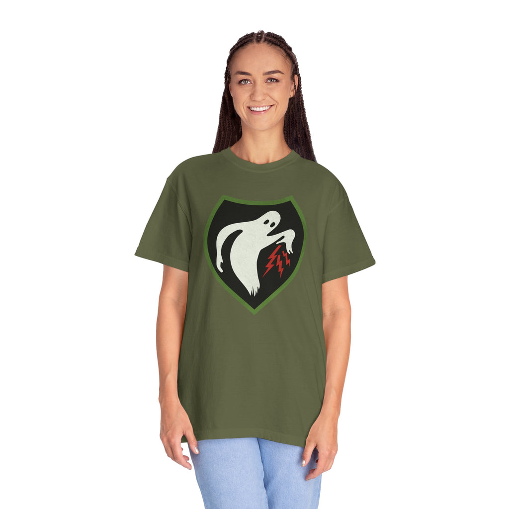 Woman wearing an oversized Ghost Army t-shirt in hemp
