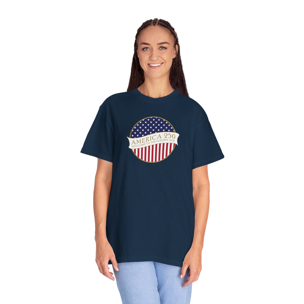 Smiling woman wearing an oversized True Navy Comfort Colors t-shirt with an America 250 design with text 'America 250 Welcome to the Golden Age'