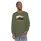 Man wearing a long-sleeve Hemp Comfort Colors t-shirt with Leutze's 'Washington Crossing the Delaware' with 'America's First Christmas December 25, 1776 printed below