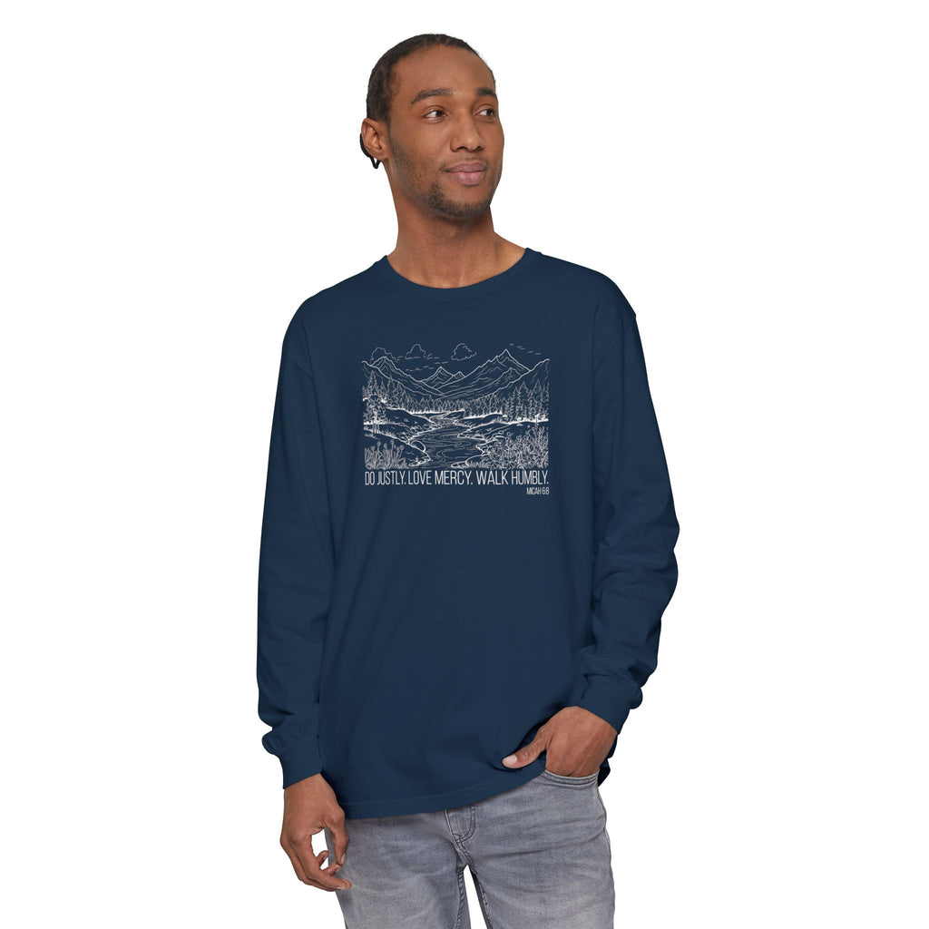 Man wearing Micah 6:8 Christian long sleeve t-shirt in true navy
