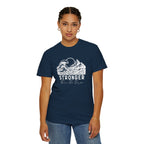 Person wearing Stronger Than The Storm faith t-shirt in true navy