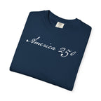 Folded true navy America 250 script patriotic t-shirt