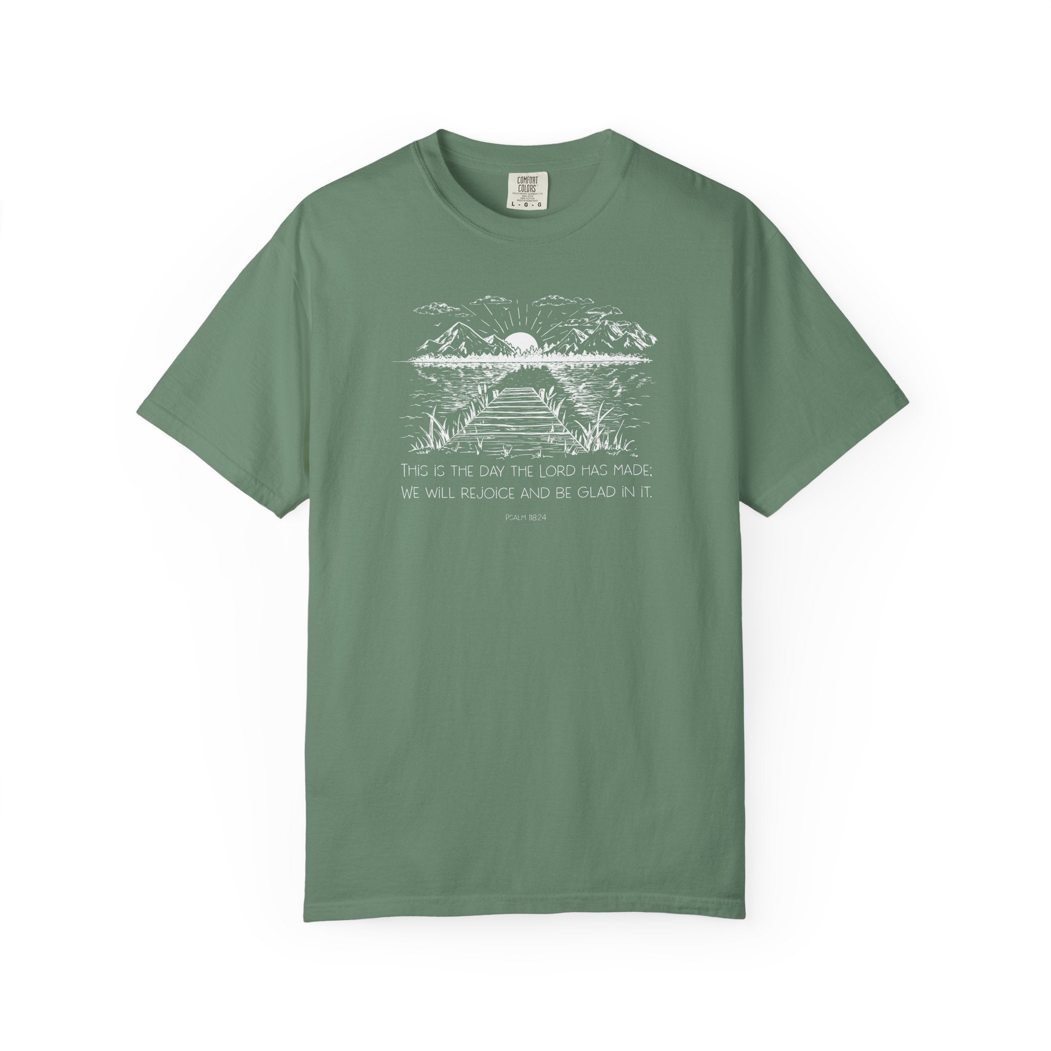 Light Green Comfort Colors t-shirt with outdoor graphic and 'This is the day the Lord has made; We will rejoice and be glad in it' underneath