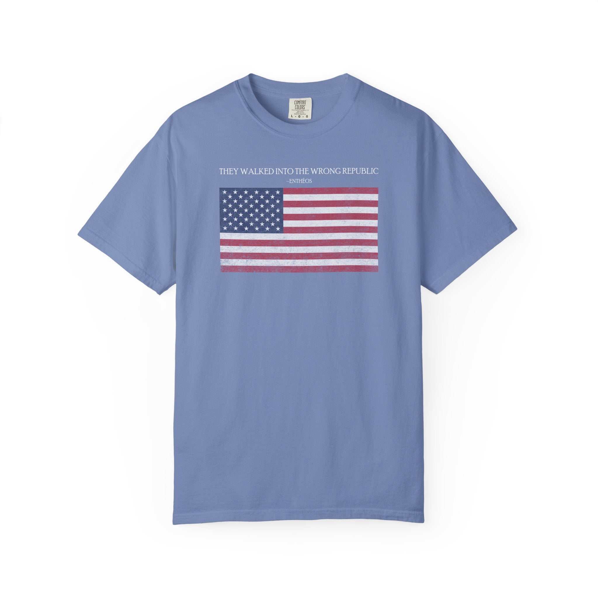 Washed Denim Comfort Colors t-shirt with distressed American flag graphic and 'They Walked Into the Wrong Republic' quote from Entheos