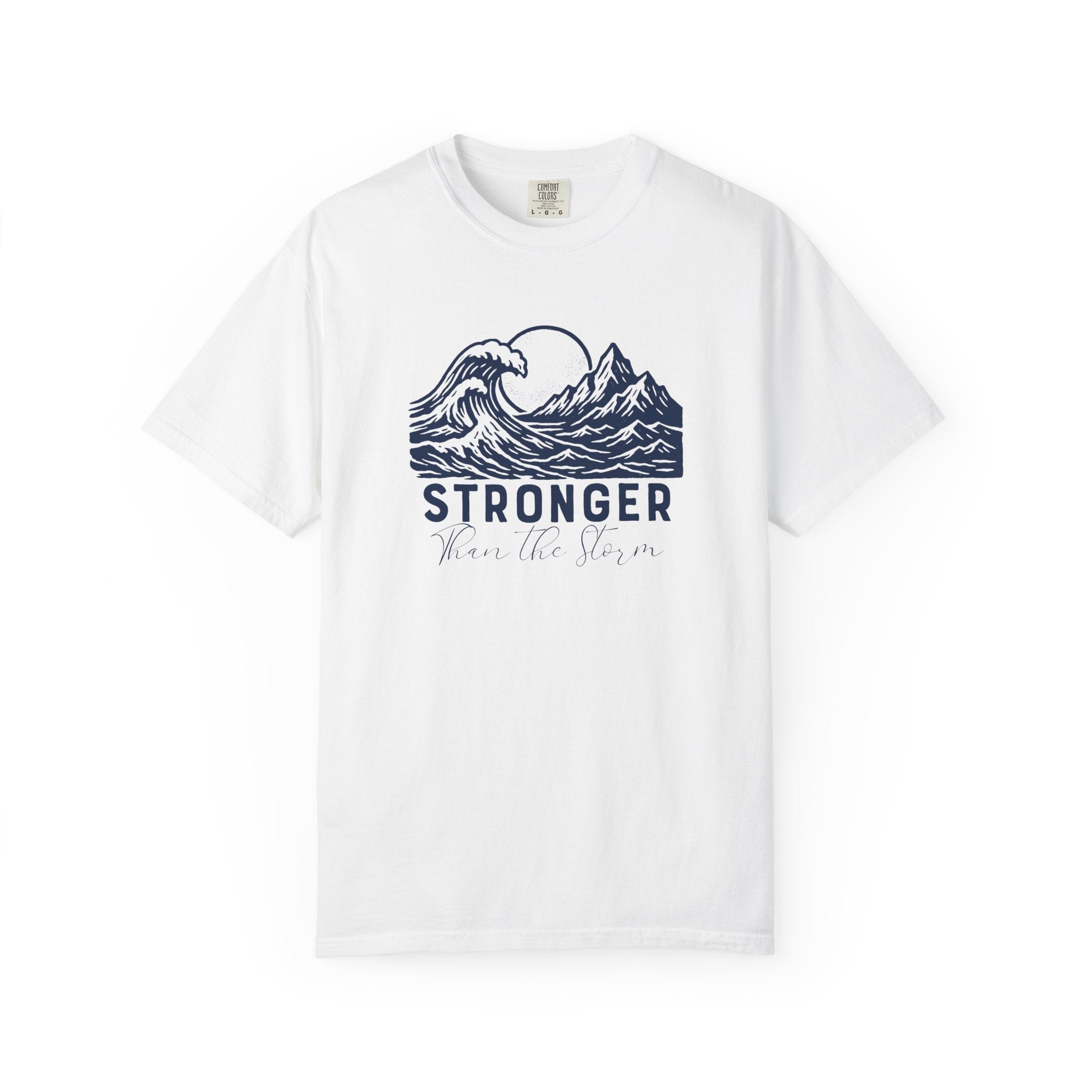 Stronger Than The Storm Christian t-shirt in white with a mountain wave sun design