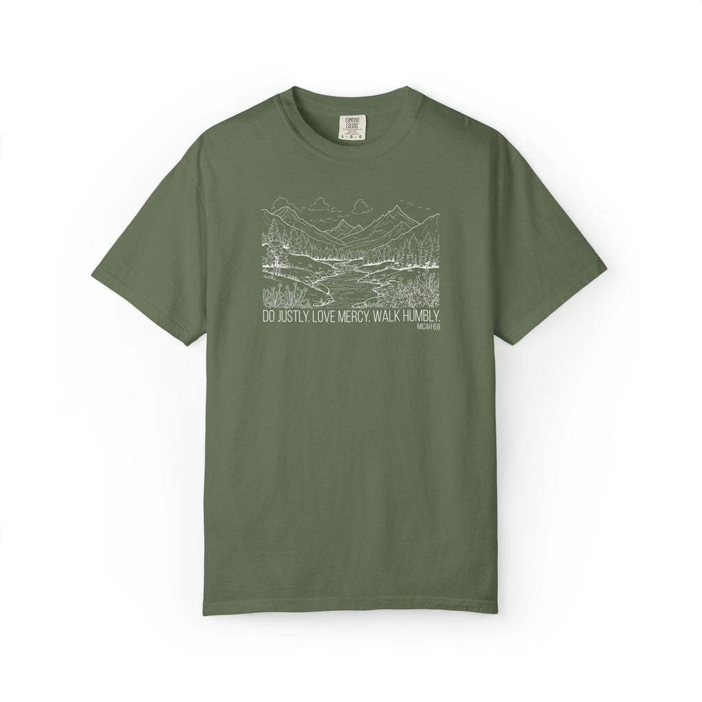 Sage t-shirt with mountain river design and Bible verse from Micah 6:8 against a white background