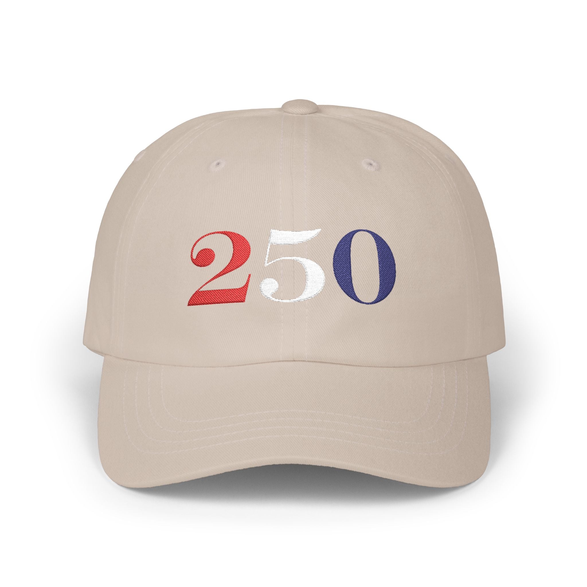Stone cap with '250' embroidered with red, white, & blue thread