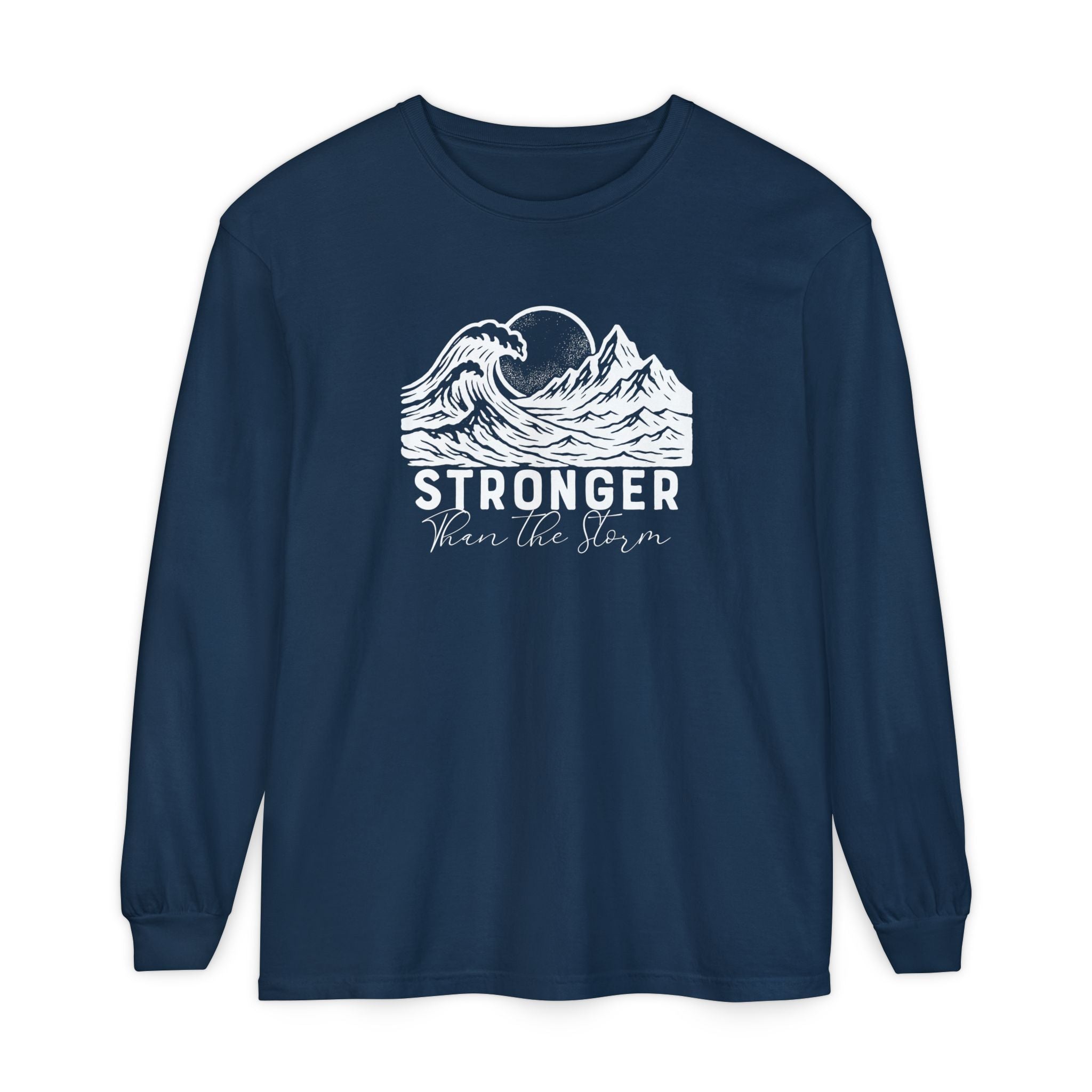 Stronger Than The Storm Christian long sleeve t-shirt in true navy