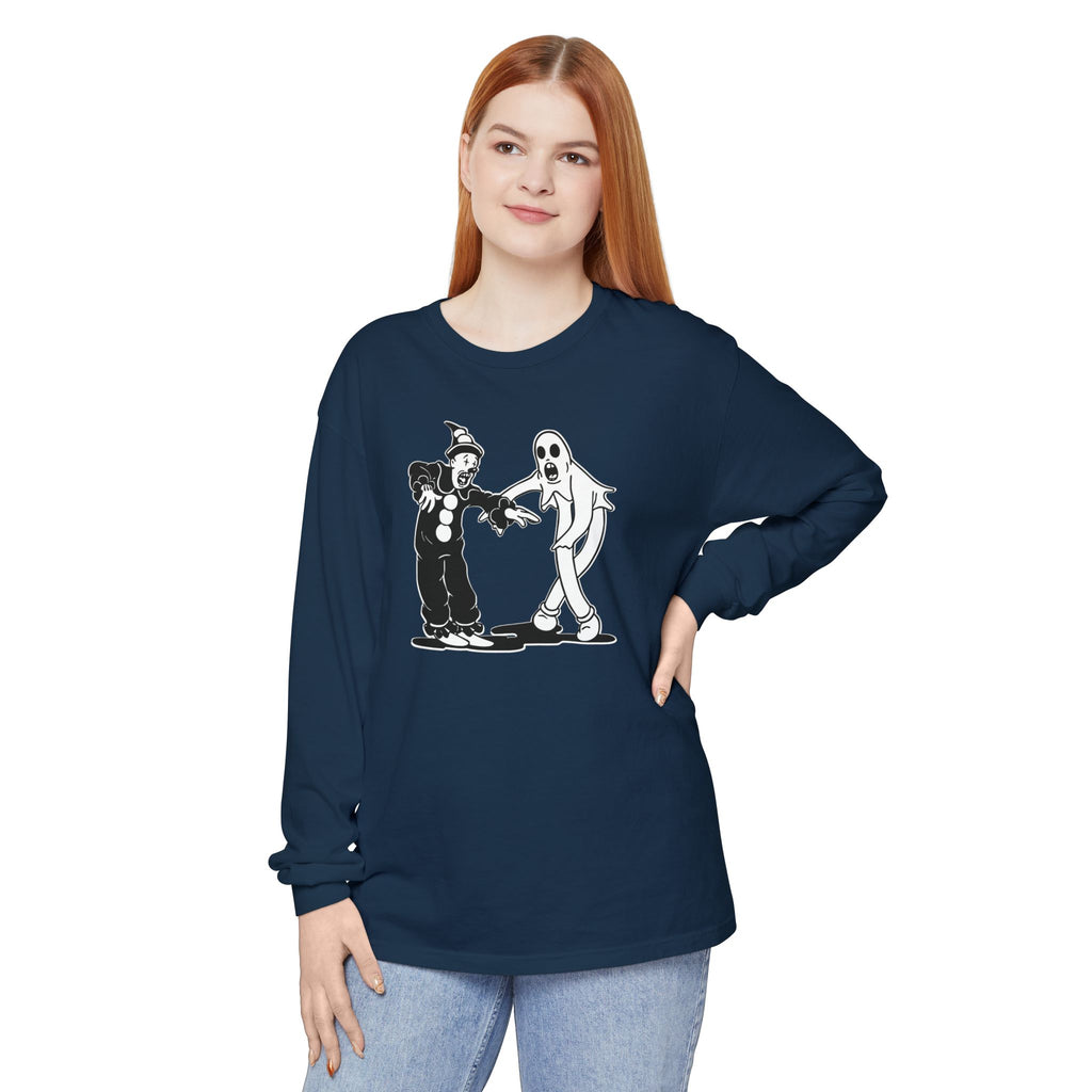 Woman wearing Koko the Clown and Dancing Ghost long sleeve t-shirt in true navy