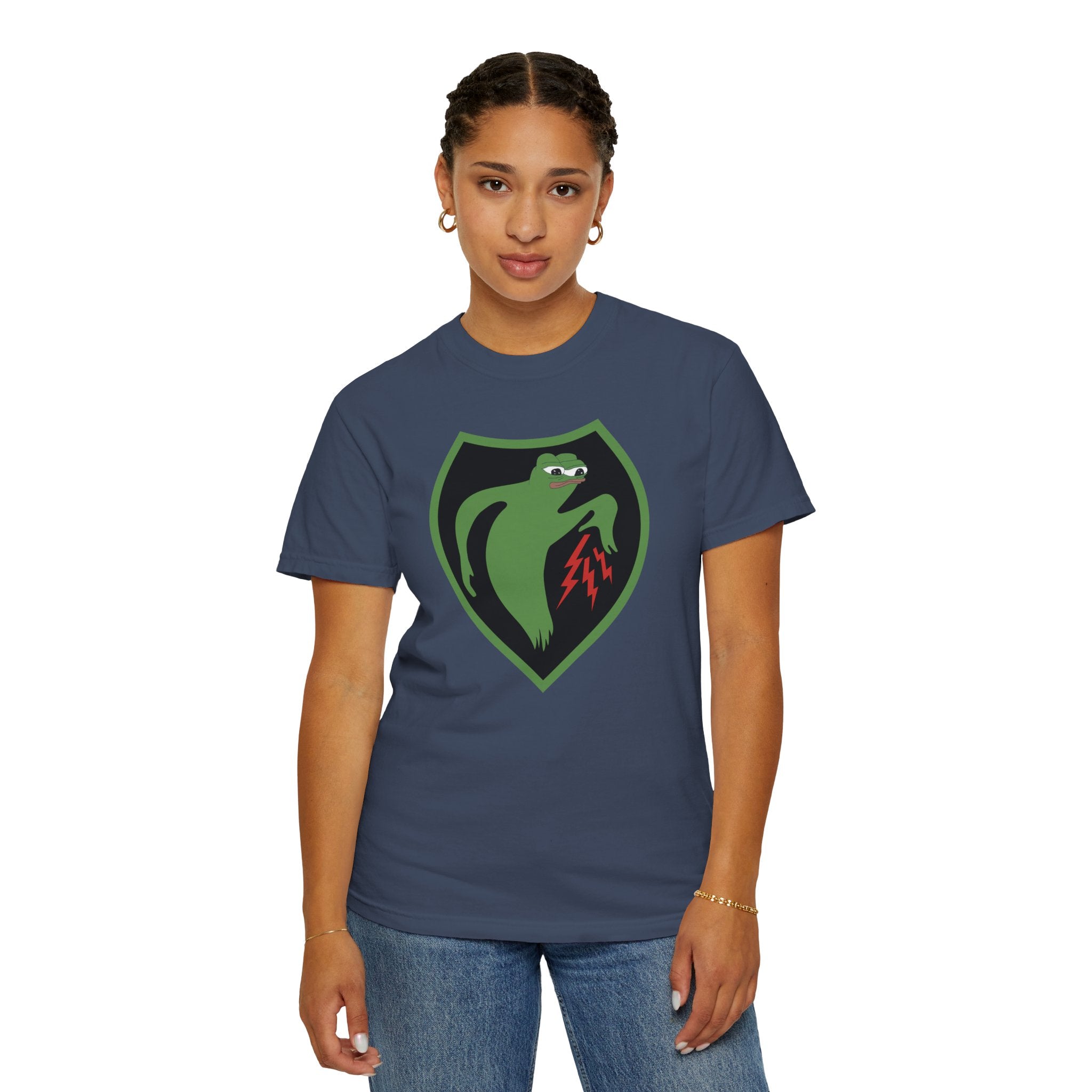 Female model wearing Apu Ghost Army meme t-shirt in midnight