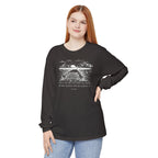 Woman wearing a long-sleeve Graphite Comfort Colors t-shirt with nature graphic and Psalm 118:24