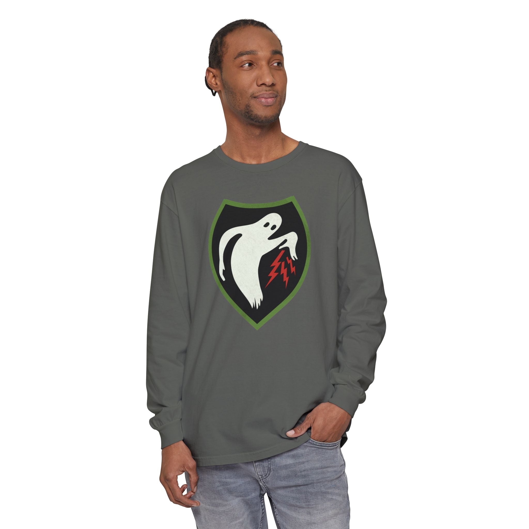 Man wearing Ghost Army long sleeve t-shirt in Pepper