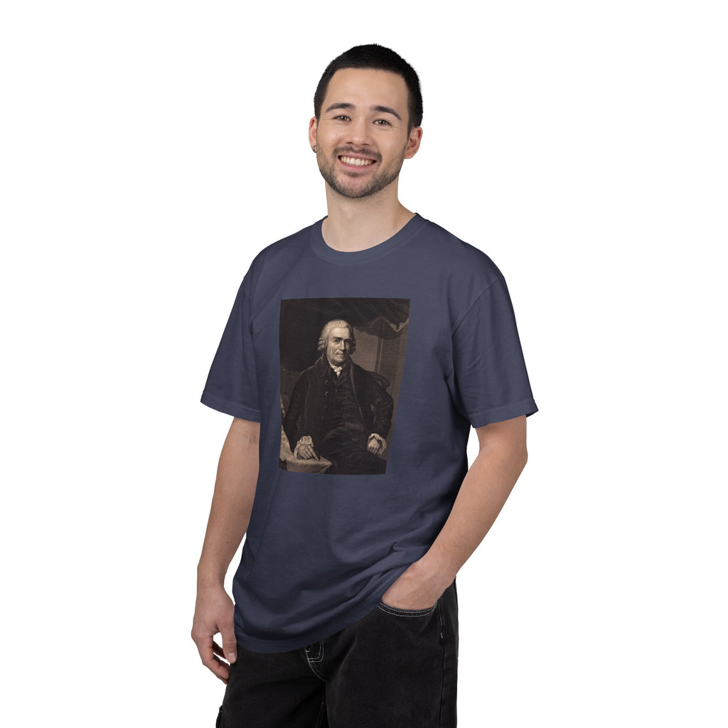 Male model wearing Samuel Adams mezzotint portrait t-shirt in denim