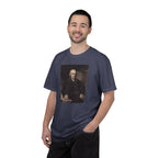 Male model wearing Samuel Adams mezzotint portrait t-shirt in denim