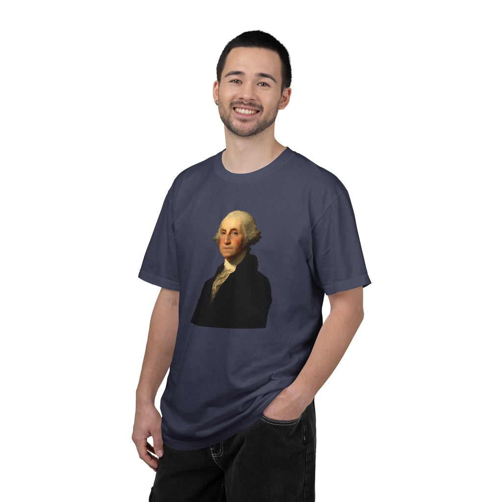 Man wearing George Washington patriotic t-shirt in denim
