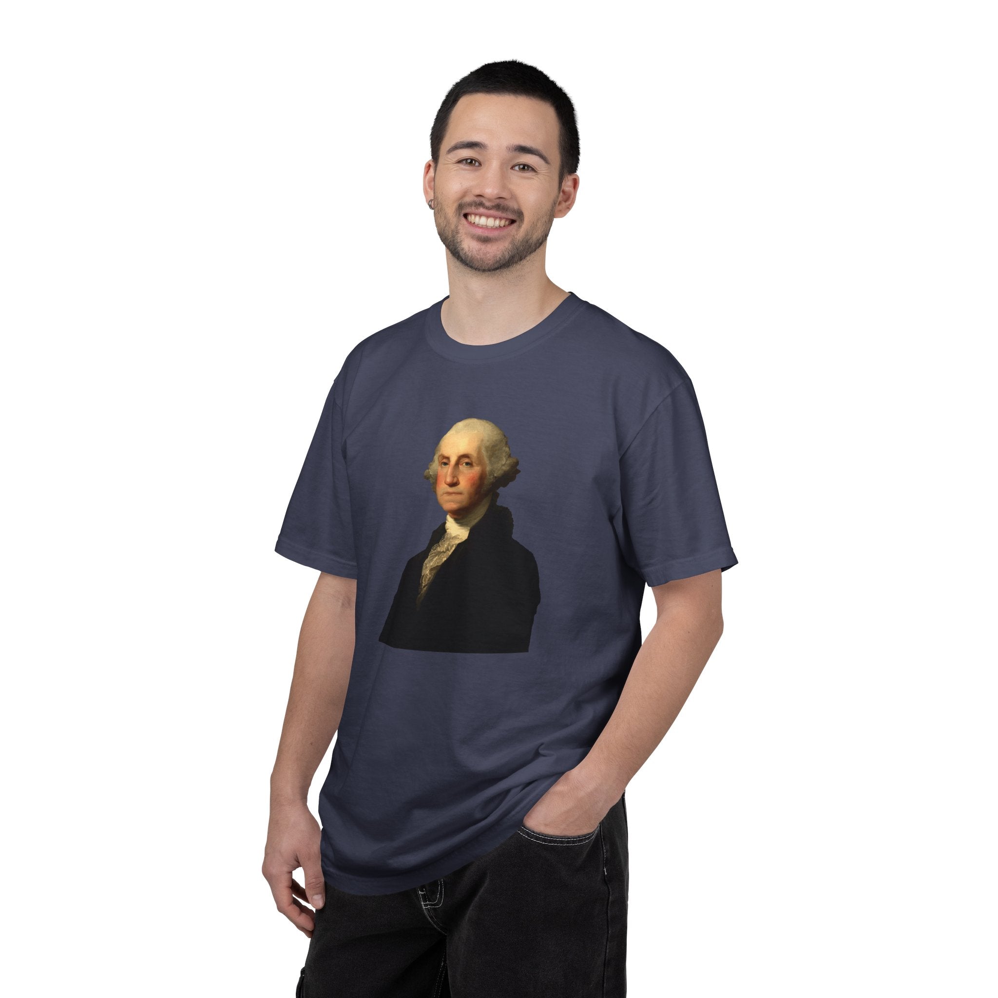 Man wearing George Washington patriotic t-shirt in denim