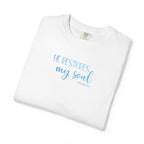 white 'He Restores My Soul' t-shirt embroidered with cornflower blue thread, Psalm 23:3 design, folded