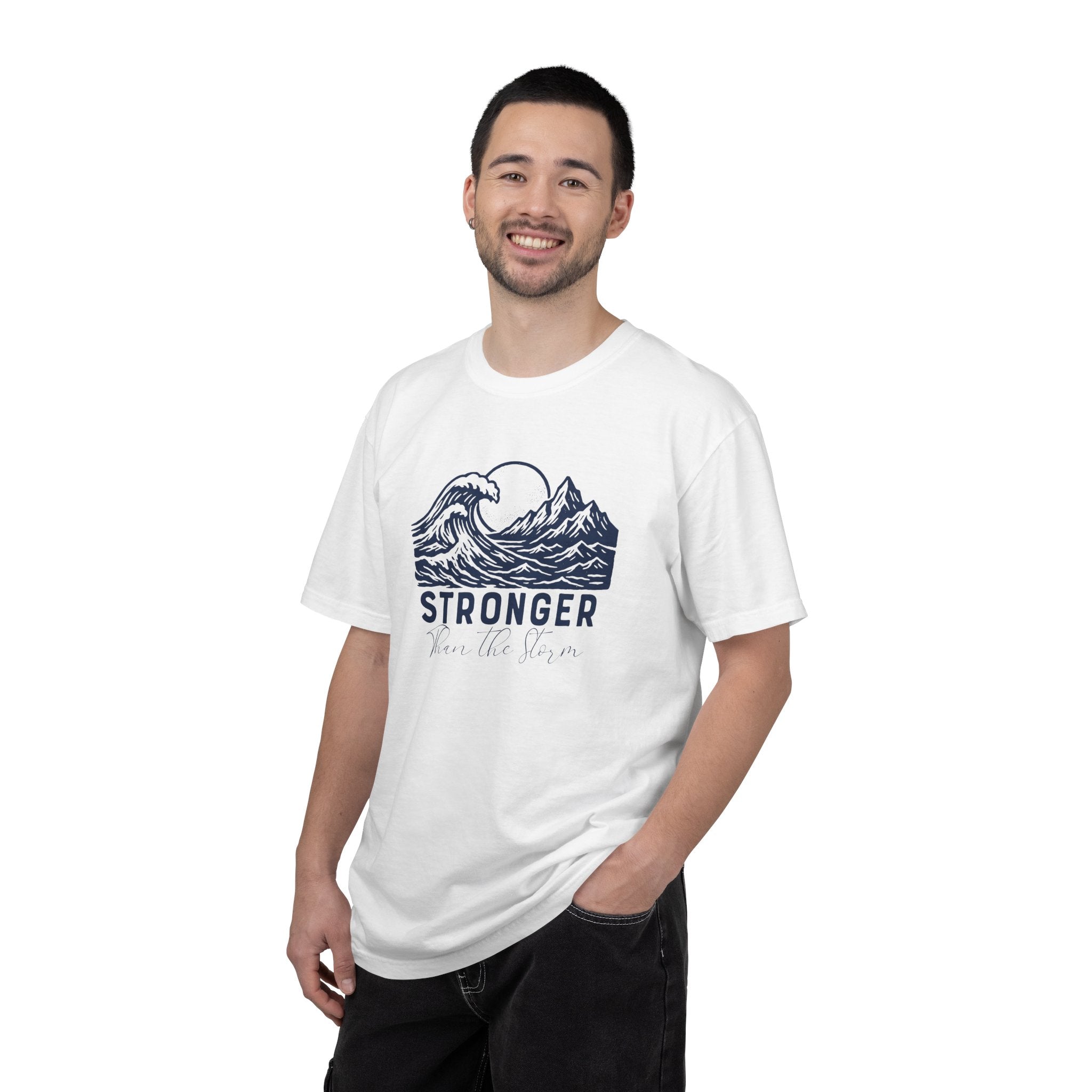 Man wearing Stronger Than The Storm faith t-shirt in white 