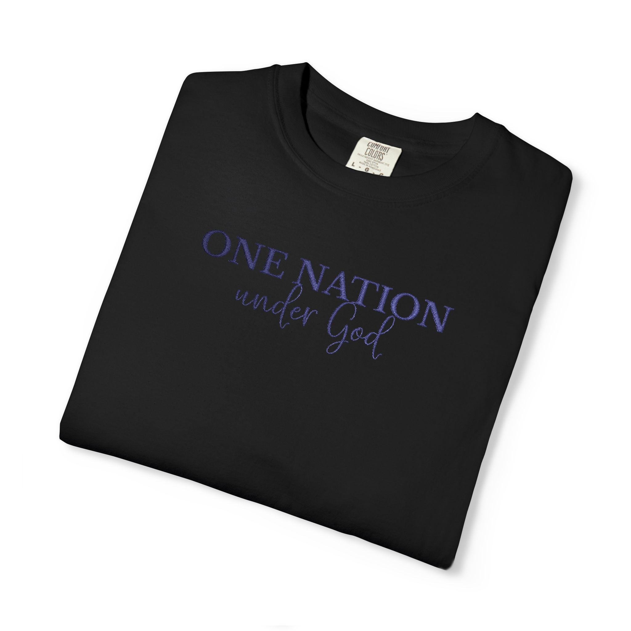 t-shirt with 'One Nation under God' embroidered in blue thread, black Folded 