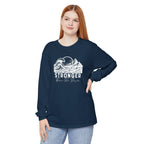 Person wearing Stronger Than The Storm faith long sleeve t-shirt in true navy