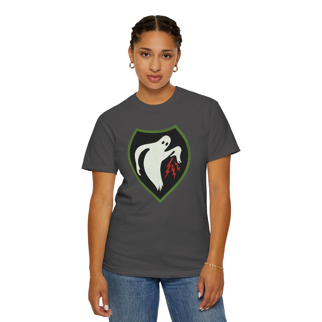 Woman wearing Ghost Army patriotic t-shirt in graphite