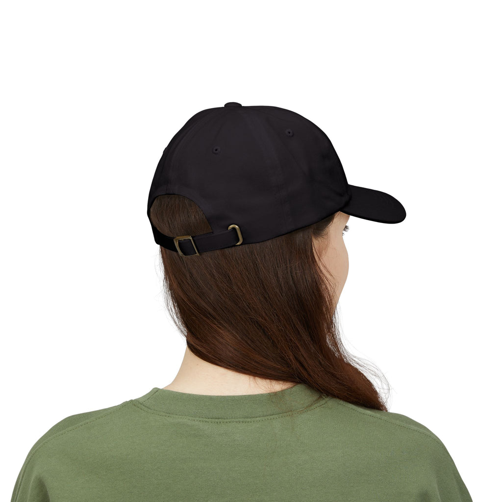 Back view of woman wearing a Black dad cap embroidered with '1776'