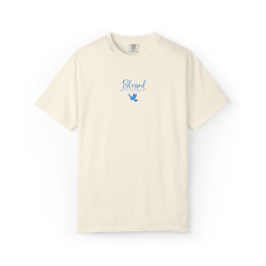 Ivory Comfort Colors t-shirt with embroidered "Blessed are the Peacemakers" + dove in a cornflower blue thread